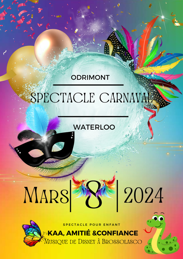Affiche du spectacle de carnaval pour enfants « Kaa, amitié & confiance », Odrimont et Waterloo, mars 2024, musique de Dinnat et Brossolasco
