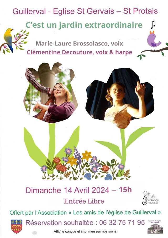 Affiche de « C'est un jardin extraordinaire », voix et harpe, église de Guillerval, 14 avril 2024