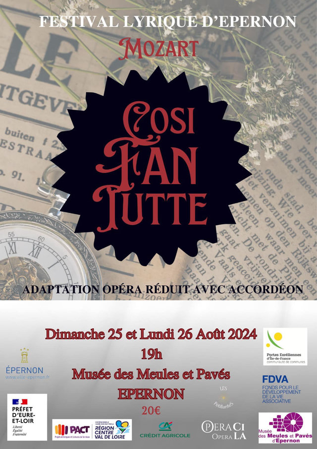 Affiche de « Così fan tutte » de Mozart, opéra réduit avec accordéon, Festival lyrique d'Épernon, 25 et 26 août 2024