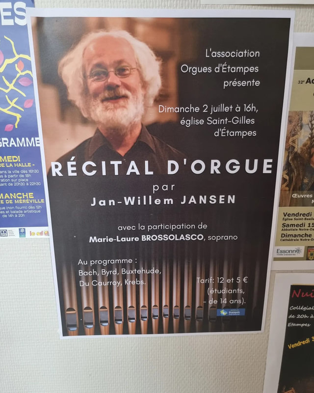 Affiche du récital d'orgue de Jan-Willem Jansen avec Marie-Laure Brossolasco, église Saint-Gilles d'Étampes