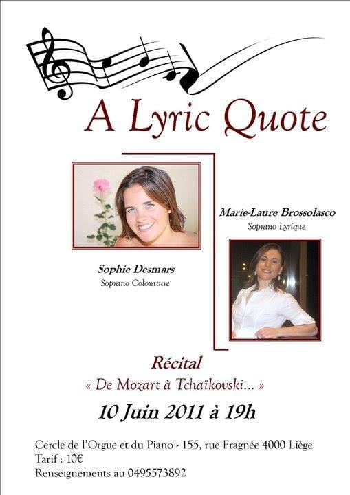 Affiche du récital « A Lyric Quote », de Mozart à Tchaïkovski, Cercle de l'Orgue et du Piano de Liège, 10 juin 2011