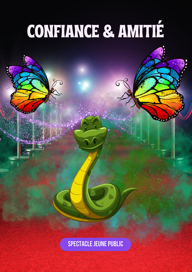Affiche du spectacle jeune public « Confiance & Amitié » : le serpent Kaa entouré de papillons multicolores