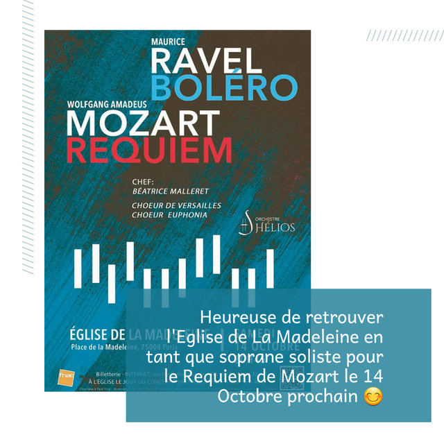 Affiche du Boléro de Ravel et du Requiem de Mozart, église de la Madeleine à Paris, 14 octobre 2023, avec Marie-Laure Brossolasco en soprano soliste